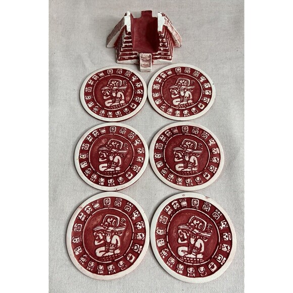 Set of 6 Mayan calendar red coasters 3" with stand. - Picture 9 of 11